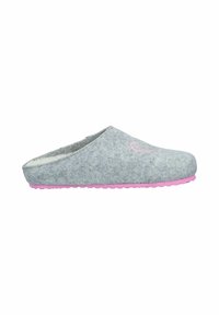 Gray felt slip-on slipper with a soft interior and pink rubber sole. Features a rounded shape and subtle stitching detail on the side.
