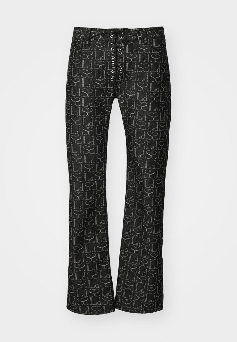 Svartmönstrade denimbyxor med logotryck, raka ben och främre snörningsdetalj med öglor. Elastisk midja för passform.
