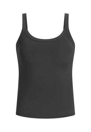 Débardeur noir à fines bretelles, en tissu lisse. Dispose d'un encolure arrondie et d'une silhouette ajustée sans motifs ni embellissements visibles.