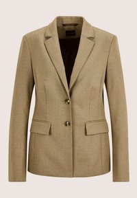 Beige blazer van gestructureerde stof met een aangesloten pasvorm, voorzien van inkepingskraag, twee voorzakken en twee knopen.