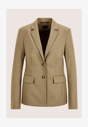 Beige blazer van gestructureerde stof met een aangesloten pasvorm, voorzien van inkepingskraag, twee voorzakken en twee knopen.