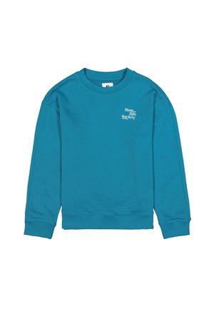 Turquoise sweatshirt van katoen met een ronde hals, lange mouwen en witte tekst "Slow Life Society" op de voorkant.