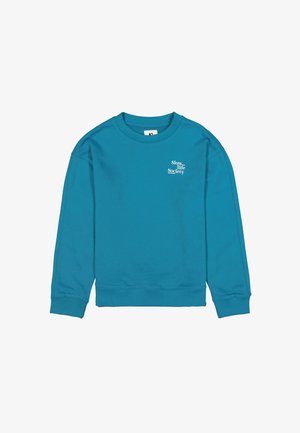 Türkisfarbener Pullover aus Baumwolle mit Rundhalsausschnitt, langen Ärmeln und dem weißen Schriftzug "Slow Life Society".