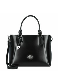 Schwarze Lederhandtasche mit strukturiertem Design, silberner Hardware, doppelten Tragegriffen und einem abnehmbaren Schulterriemen. Auffälliger 'P'-Charme als Akzent.