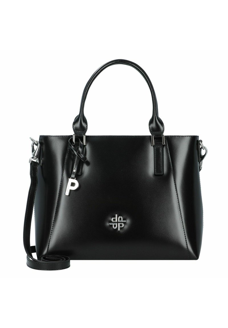 Schwarze Lederhandtasche mit strukturiertem Design, silberner Hardware, doppelten Tragegriffen und einem abnehmbaren Schulterriemen. Auffälliger 'P'-Charme als Akzent.