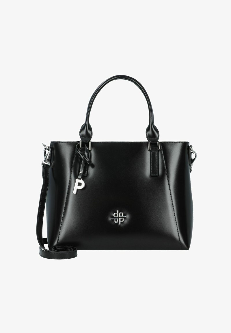 Borsa a mano in pelle nera con design strutturato, hardware in argento, doppio manico e tracolla rimovibile. Caratteristico charm a forma di 'P'.