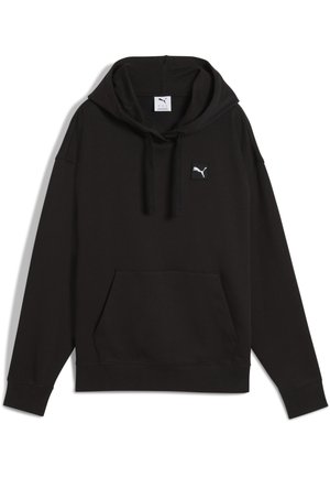 Zwarte pullover hoodie van een katoenmix, met een voorzak, een capuchon met trekkoord en een klein logopatch op de borst.
