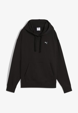Zwarte pullover hoodie van een katoenmix, met een voorzak, een capuchon met trekkoord en een klein logopatch op de borst.