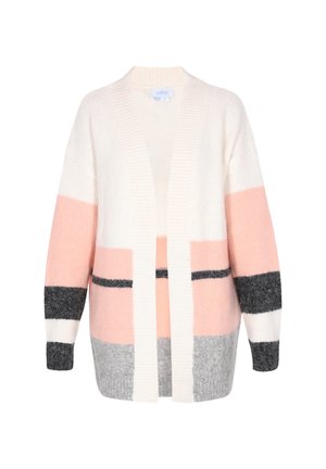 Adīta jaka ar relaksētu piegriezumu, kurā ir maiņus izvietoti krēms, rozā, pelēkas un melnas svītras. Atvērta priekšpuse un riboti malā.