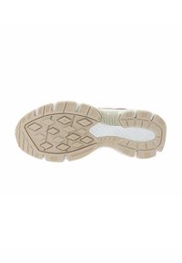 Sole di scarpa sportiva in un beige chiaro e gomma bianca, con un motivo testurizzato che presenta forme di diamante distintive per trazione e grip.
