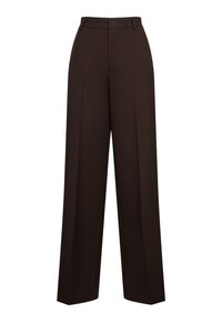 Braune hoch taillierte Hose aus strukturiertem Stoff, mit weitem Bein, vorderen Falten und geradem Schnitt.