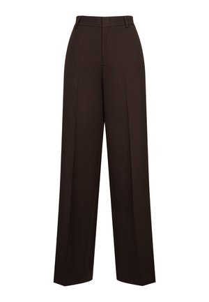Pantaloni marroni a vita alta realizzati in tessuto testurizzato, con una linea ampia accentuata da pince frontali e una silhouette dritta.
