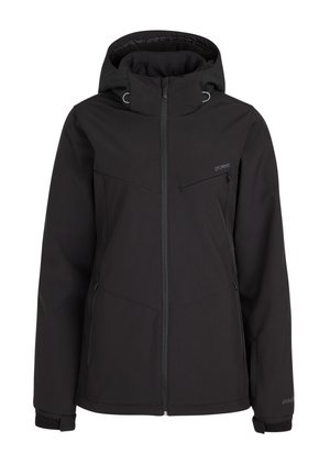 Černá nepromokavá bunda s kapucí, zipovým uzávěrem a nastavitelnými manžetami. Má přední kapsu na zip a decentní logo na hrudi.