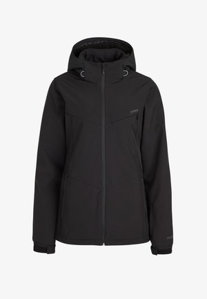 Sort vandtæt jakke med hætte, lynlåslukning og justerbare manchetter. Har en frontlynlås lomme og en diskret logo detalje på brystet.