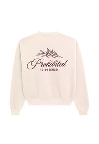Felpa beige chiaro con maniche lunghe, caratterizzata dalla scritta "Proibito" e dal testo "10119 BERLINO" sotto una grafica di ramo sul retro.