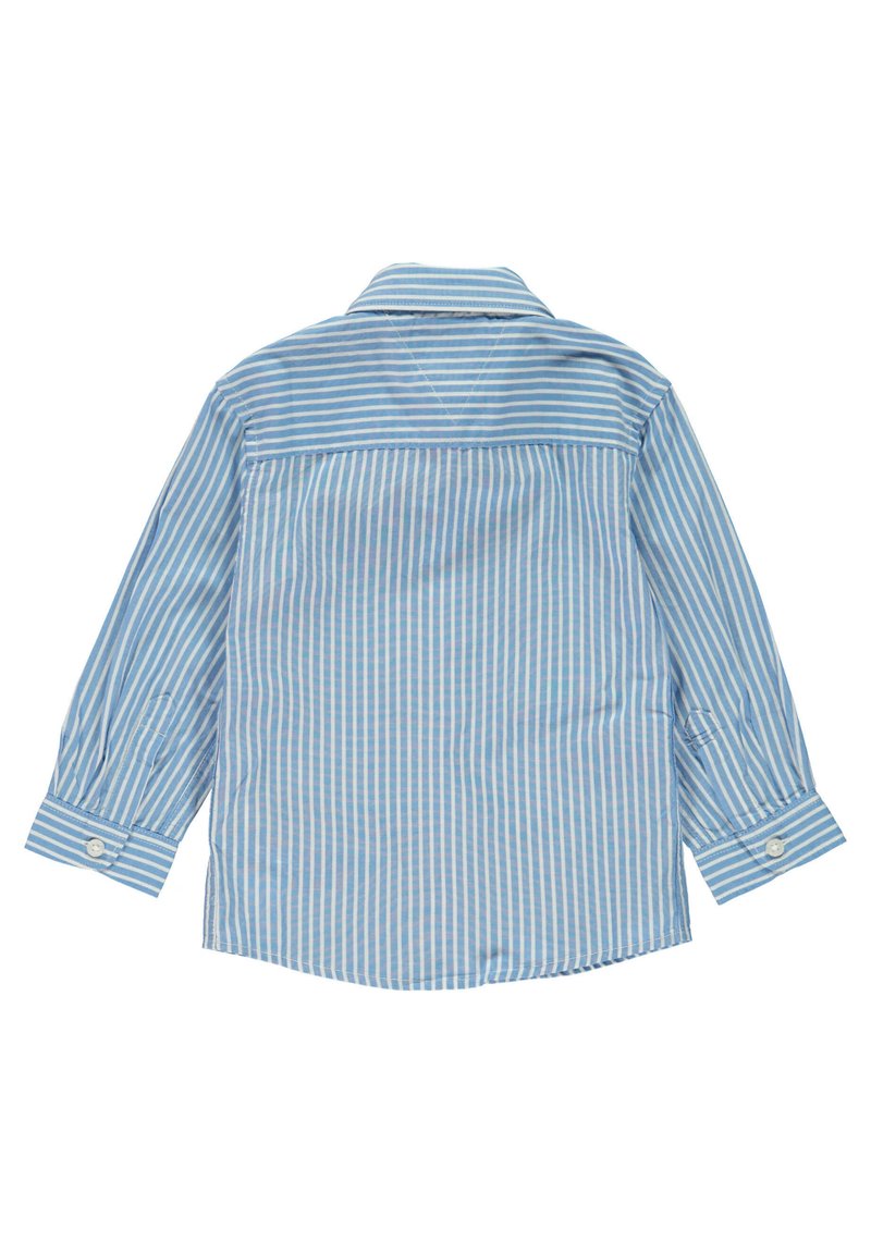Camicia a righe blu chiaro e bianca, stile button-up, maniche lunghe con polsini a un bottone, dettaglio cucitura del yoke posteriore, tessuto di cotone morbido.