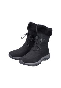 Black winter boots with a textured surface, fur-lined collar, adjustable laces, and a rugged outsole for traction in snow and ice.