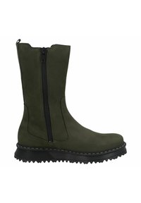 Grüner Knöchelstiefel mit glattem Wildlederfinish, seitlichem Reißverschlussverschluss und strukturiertem schwarzem Gummisohlenprofil mit markanten Profilmustern.