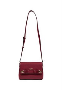 Red synthetic leather crossbody bag with gold hardware, rectangular shape, front flap, and a decorative buckle detail. Adjustable strap.