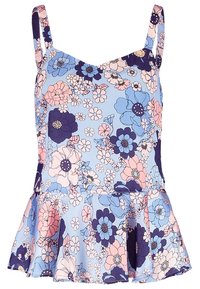 Blomster peplum-top i lyseblåt stof med marineblå, lyserøde og lilla blomster; justerbare spaghetti-stropper; blød, glat tekstur.