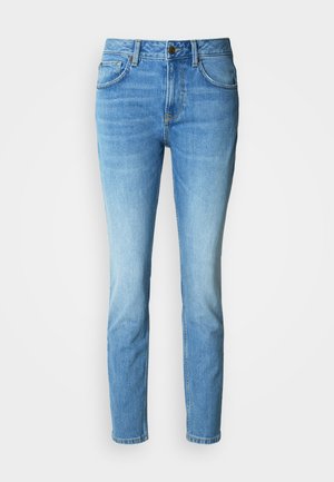 Light blue denim jeans with a straight leg design, five-pocket style, and a button closure. Features visible stitching and a slight fade.