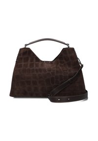 Borsa a mano di colore marrone scuro, con una texture a motivo coccodrillo, caratterizzata da una forma strutturata, doppi manici e una tracolla in pelle rimovibile.