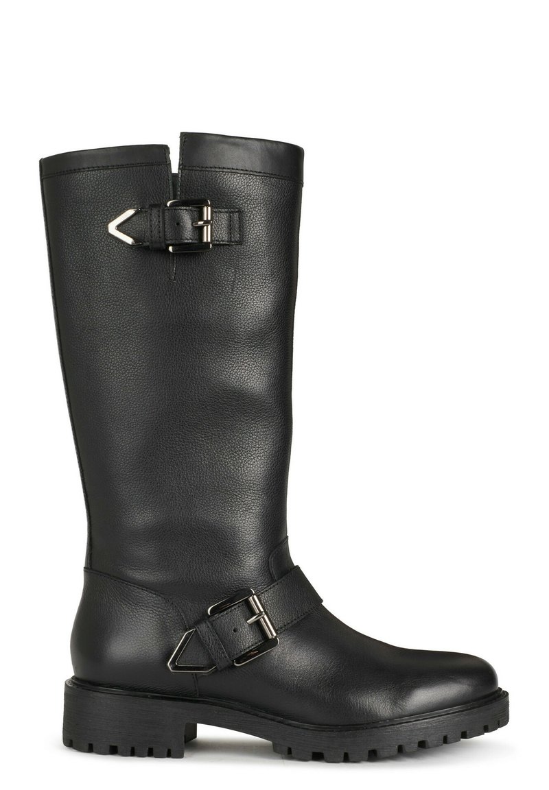 Bottes en cuir noir montant jusqu’au genou avec une finition texturée, des accents de boucles réglables et une semelle en caoutchouc épaisse pour plus d'adhérence.
