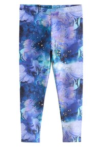 Leggings i en lila-blå gradient med enhörningar och gulddetaljer. Tillverkade av stretchigt material med en mjuk textur.