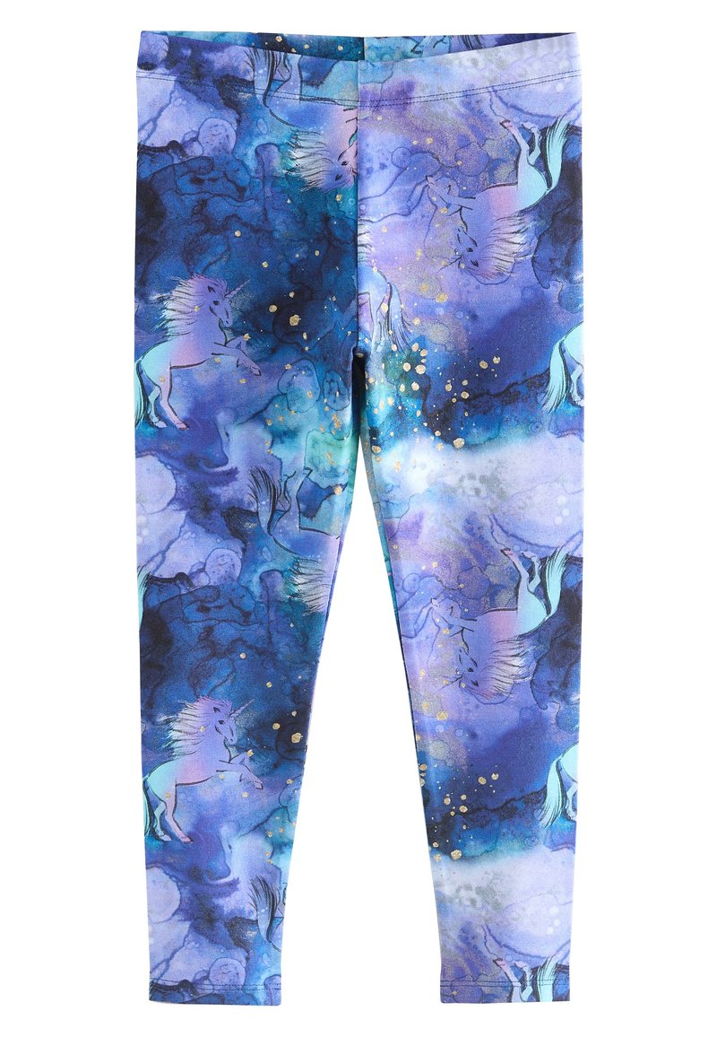 Leggings i en lila-blå gradient med enhörningar och gulddetaljer. Tillverkade av stretchigt material med en mjuk textur.