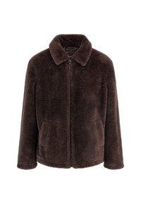 Giacca in pelliccia sintetica marrone con colletto, chiusura a zip frontale e due tasche anteriori. Caratterizzata da una texture morbida e una vestibilità comoda.