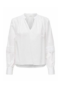 Blouse blanche à manches longues avec col en V, col froncé, détails en dentelle sur les manches, et poignets boutonnés.