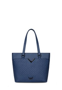 Blue textured tote bag with two handles, featuring a diamond pattern and a V-shaped accent on the front. Black logo at the bottom.