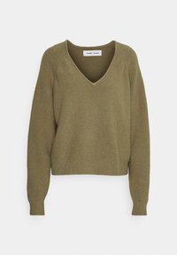 Olivgrüner V-Ausschnitt-Pullover aus weichem Material mit langen Ärmeln und gerippten Bündchen. Einfaches, entspanntes Design ohne Muster oder Akzente.