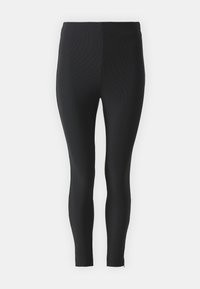 Leggings noirs à côtes, présentant une texture lisse, un design ajusté et des détails de fermeture éclair aux chevilles pour un ajustement réglable.