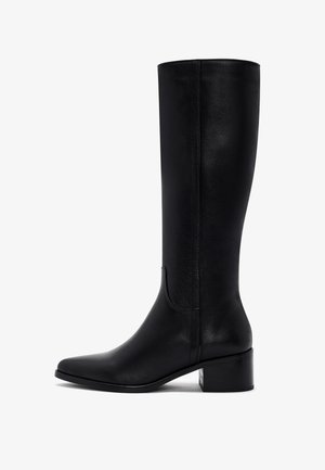 Knee-high black leather boots with a pointed toe, block heel, and smooth texture. Features a clean design with minimal detailing.