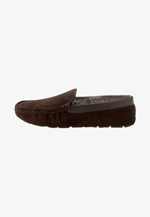 Brown suede moccasin slipper with a soft, fuzzy interior lining; features a rounded toe and a rubber sole for grip.