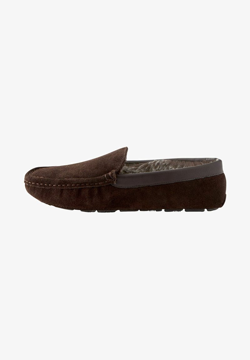 Brown suede moccasin slipper with a soft, fuzzy interior lining; features a rounded toe and a rubber sole for grip.