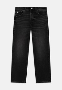 Svarta jeanstights med rak bendesign, klassisk femficksstil och metallknappshårdvara. Slät textur med subtil blekning.