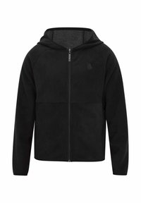 Svart huvtröja i mjuk fleece, med full dragkedja, ribbade mudd i ärmarna och en diskret logotyp på bröstet.