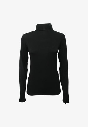 Top nero a maniche lunghe con collo alto realizzato in tessuto morbido. Design aderente con collo alto e polsini senza cuciture. Stile semplice e contemporaneo.