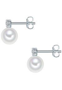 Perlų auskarai su blizgiu balto sferinio perlo, įstatytu sidabro tono metale. Paprastas užsegimo dizainas su apvalia atrama.