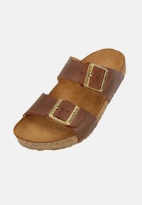 Infradito in pelle marrone con due cinghie regolabili, fibbie in ottone, suola in sughero e una plantare testurizzato per il comfort.