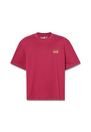 T-shirt corto marrone in cotone, con una toppa quadrata sul petto con testo multicolore e un design del logo.