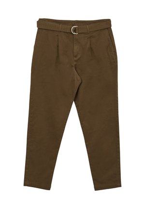 Pantaloni in cotone marrone con frontale piatto, pieghe e cintura incorporata con fibbia in argento. Design a gamba affusolata, texture liscia.