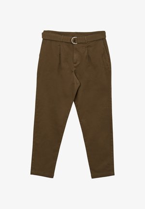 Brown cotton trousers with a flat front, pleats, and a built-in belt featuring a silver buckle. Tapered leg design, smooth texture.