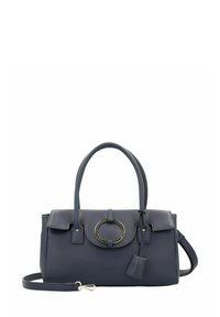 Sac à main en cuir marine avec deux poign�ées supérieures, bandoulière détachable, anneau métallique en accent et rabat avant avec fermeture à pression.