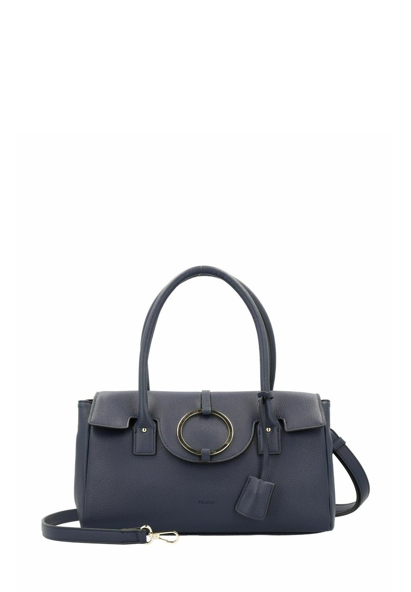 Sac à main en cuir marine avec deux poignées supérieures, bandoulière détachable, anneau métallique en accent et rabat avant avec fermeture à pression.