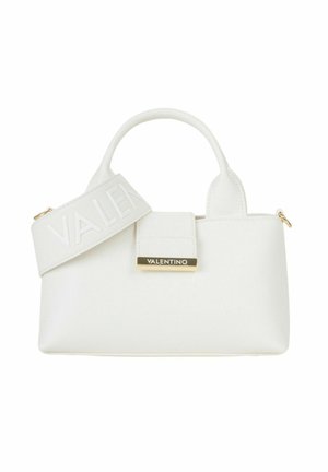 Borsa Valentino bianca con manico superiore, tracolla larga in rilievo con la scritta "VALENTINO" e targhetta logo in metallo dorato sulla pattina frontale.