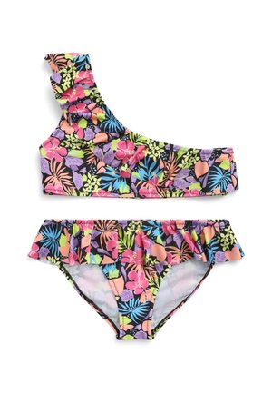 Set bikini con top a spalla unica con dettagli a balze e bottom coordinato. Base nera con motivi floreali e foglie colorati.