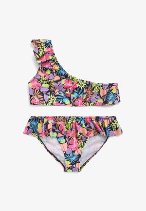 Stanik bikini z asymetrycznym jednym ramiączkiem oraz falbanką, w komplecie z dopasowanym dołem. Czarna baza z kolorowymi kwiatowymi i liściastymi wzorami.
